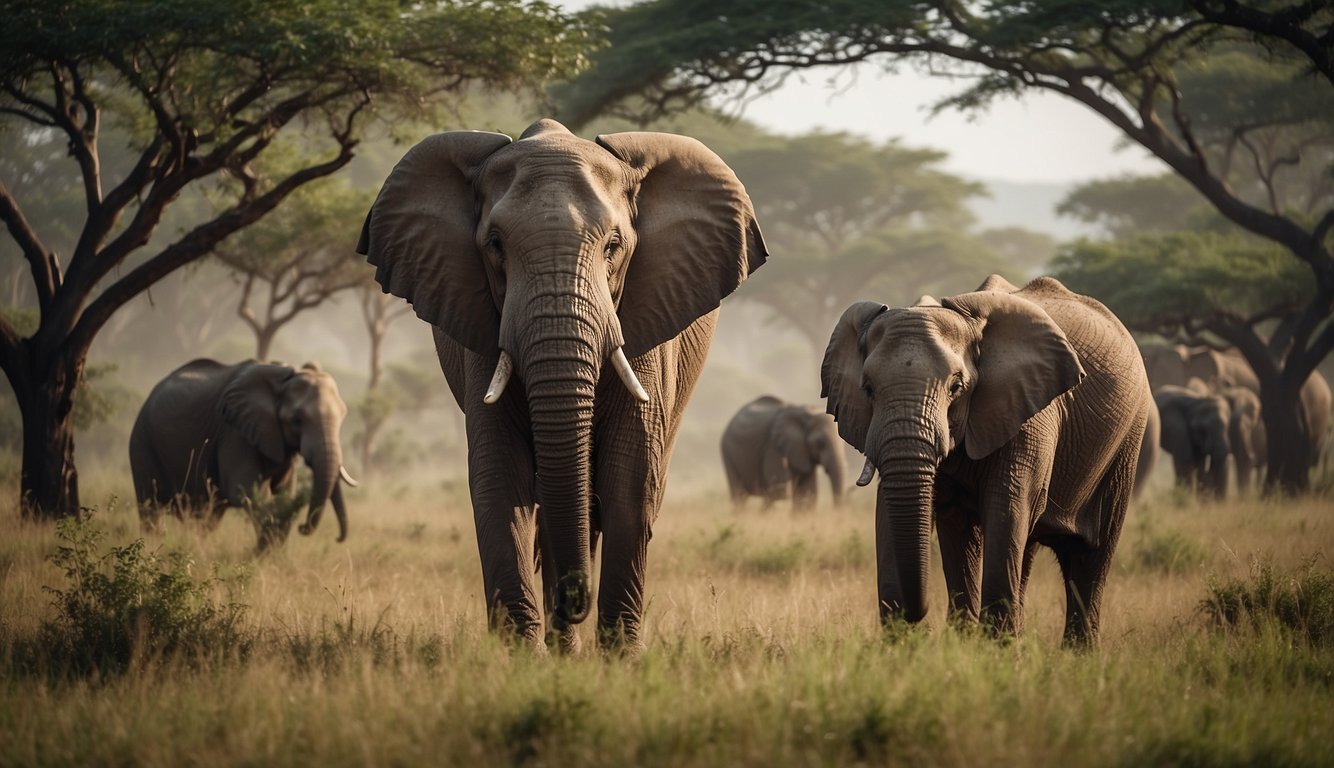 Elephants roam freely in a vast savanna, surrounded by lush greenery and towering trees.

The gentle giants move gracefully, their majestic presence dominating the landscape
