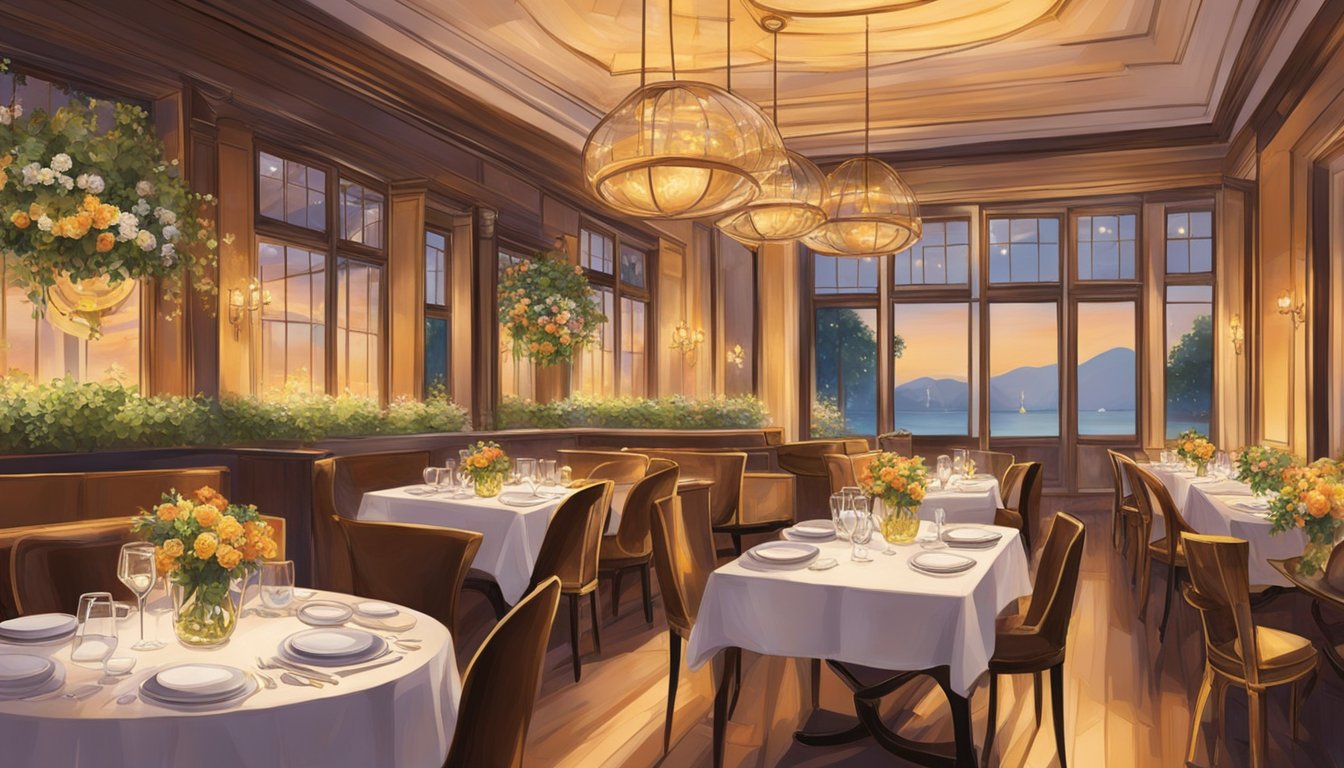 The restaurant is bathed in warm, golden light, casting a cozy and inviting ambiance. Tables are elegantly set with sparkling glassware and fresh flowers, while the aroma of delectable dishes fills the air