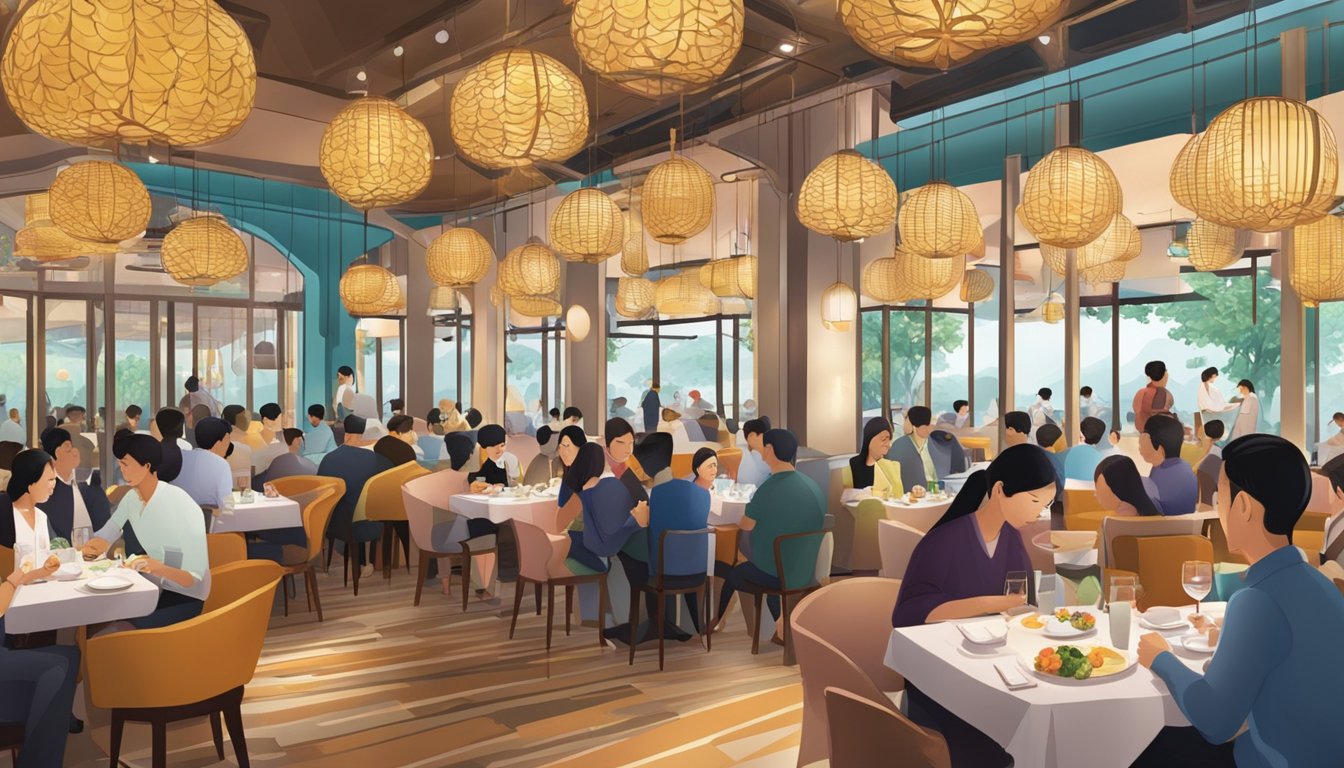 The bustling interior of Blossom Restaurant in Singapore, with tables filled and a vibrant atmosphere
