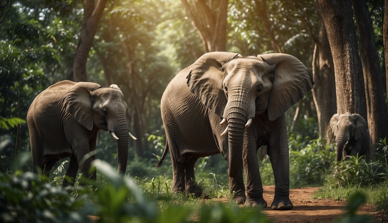 Elephants roam freely in a vast, lush jungle, surrounded by towering trees and vibrant foliage.

The gentle giants move gracefully, their powerful presence commanding respect and awe