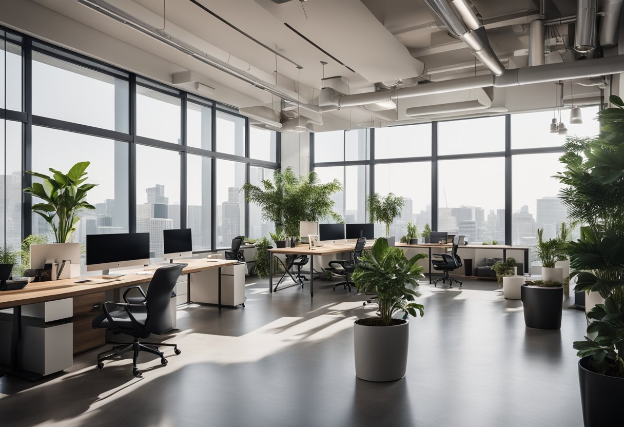Modern office with open floor plan, sleek furniture, and large windows. Plants, minimalist decor, and natural light create a trendy, inviting atmosphere