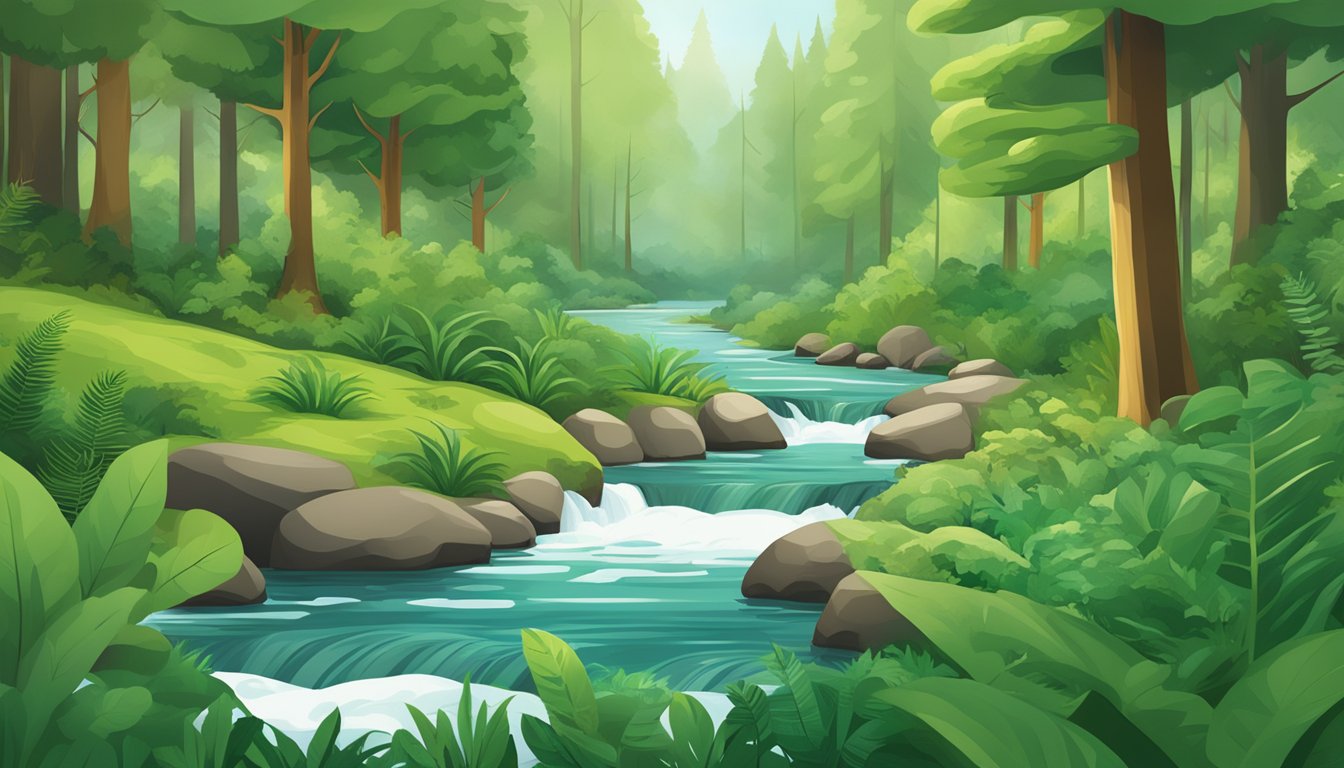 A lush green forest with a clear stream, showcasing eco-friendly bedding products and emphasizing the health benefits