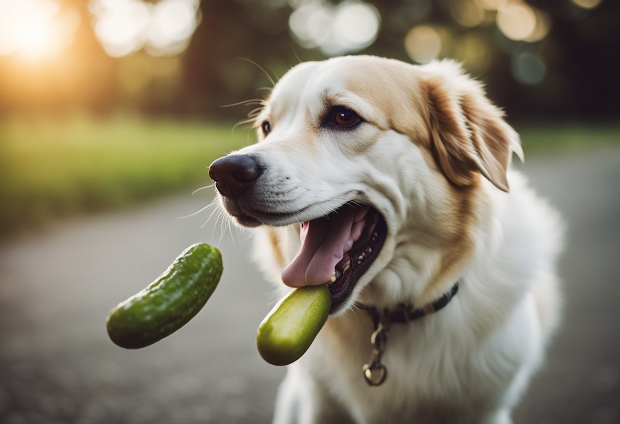 A dog eagerly munches on a pickle, its tail wagging in delight