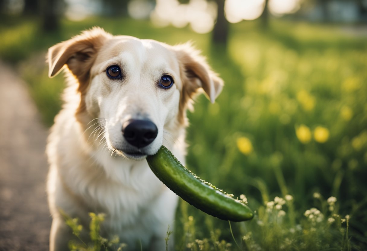 A dog eagerly sniffs a pickle, its tail wagging in anticipation