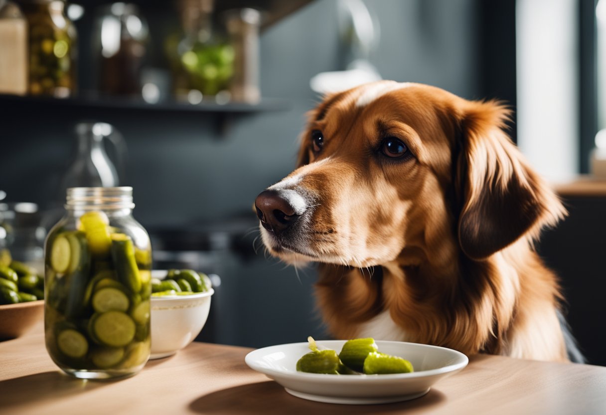 A dog eagerly sniffs a bowl of pickles, while a concerned owner looks on
