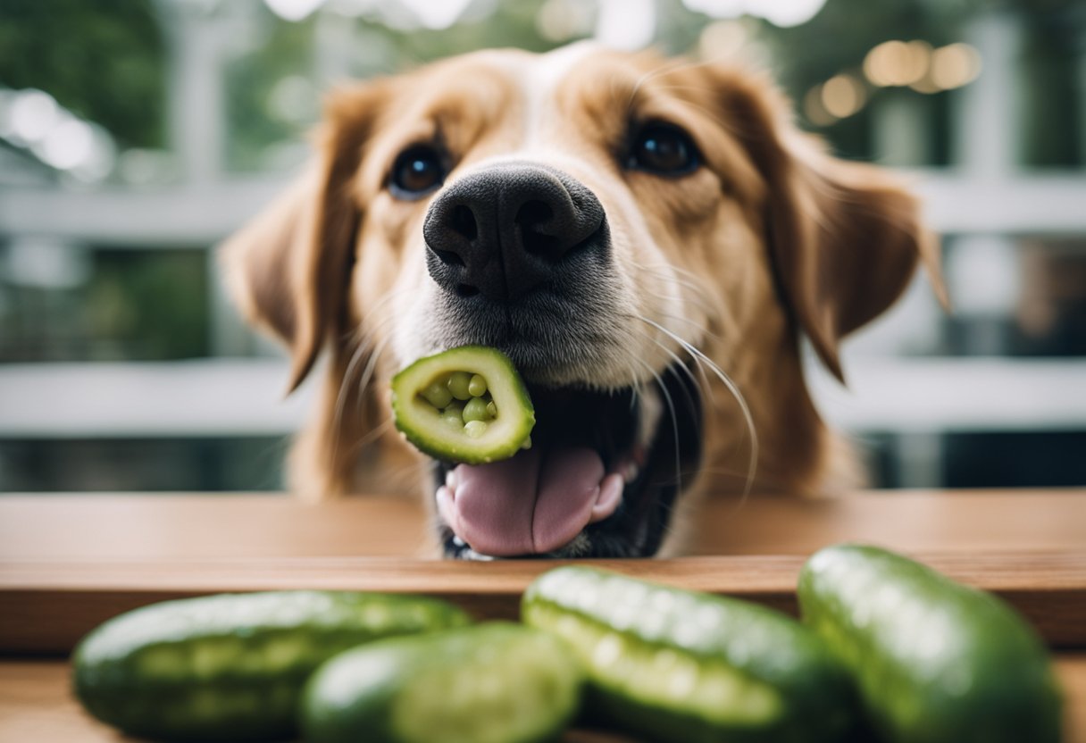 A dog sniffs a pickle, tilts head, then takes a cautious bite