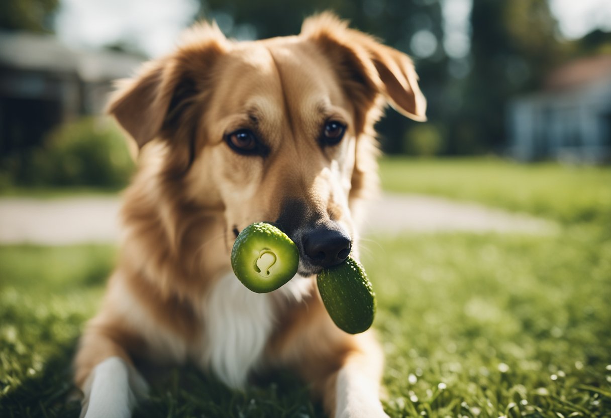 A curious dog sniffs a pickle, while a question mark hovers above its head