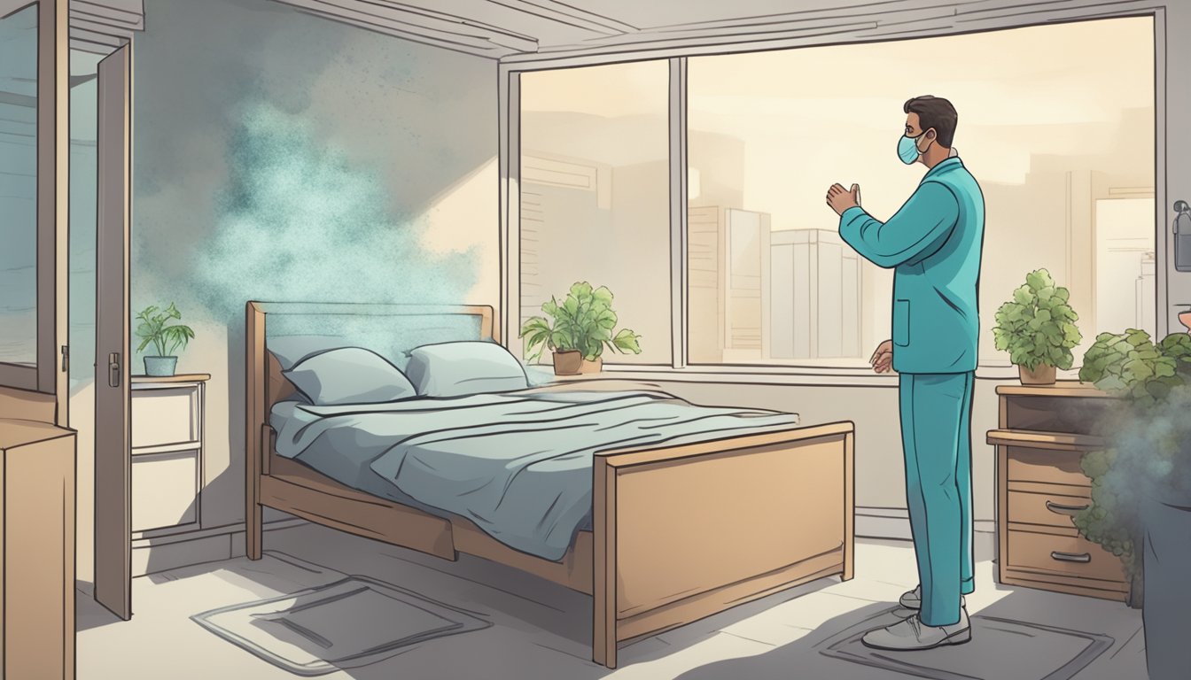 A room with visible mold growth on walls and ceiling. A person coughing and experiencing difficulty breathing. A doctor discussing the possibility of mold causing or worsening Hypersensitivity Pneumonitis symptoms