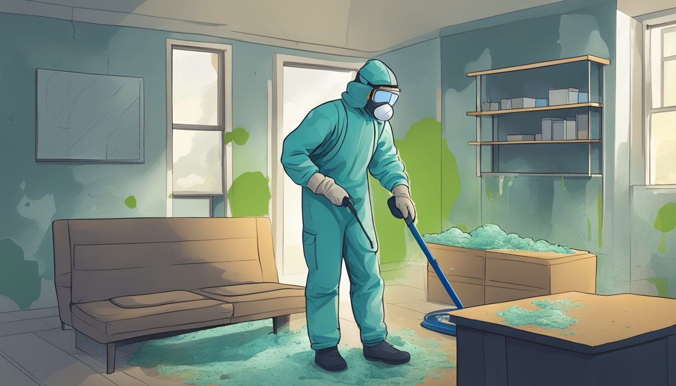 A moldy environment with visible mold growth on walls, ceilings, and furniture. A person wearing a mask and gloves while cleaning and removing moldy materials