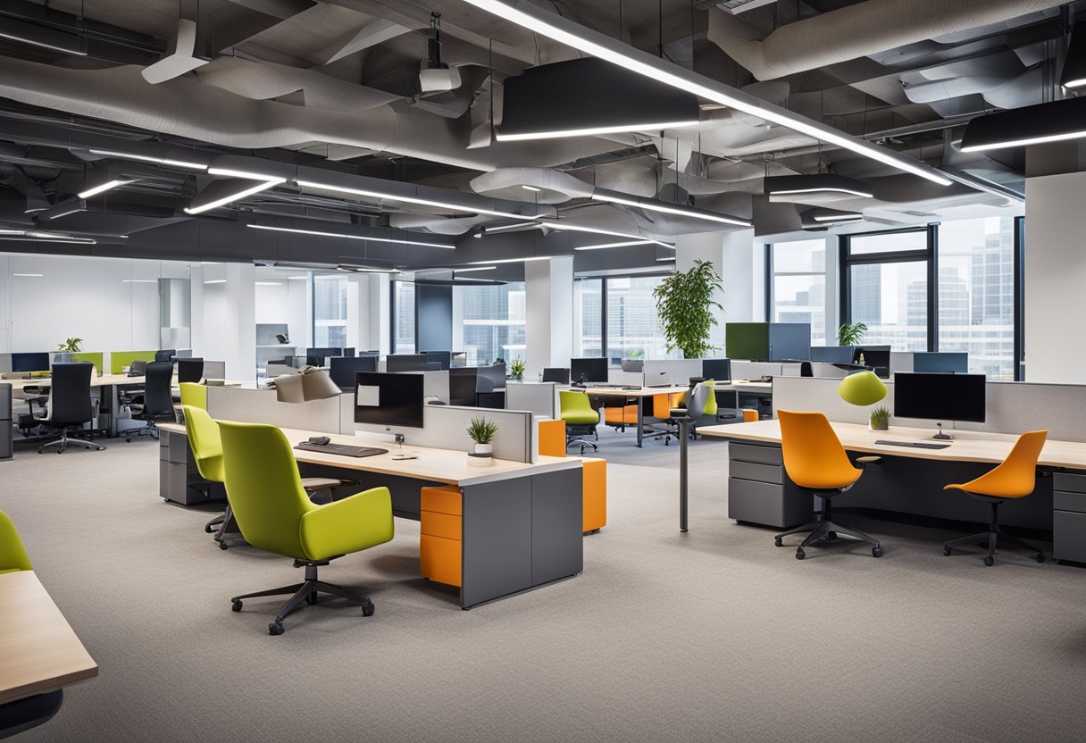 Sleek, open-plan office with vibrant color scheme, ergonomic furniture, and natural lighting. Collaborative workspaces and tech-integrated amenities create a dynamic, modern environment
