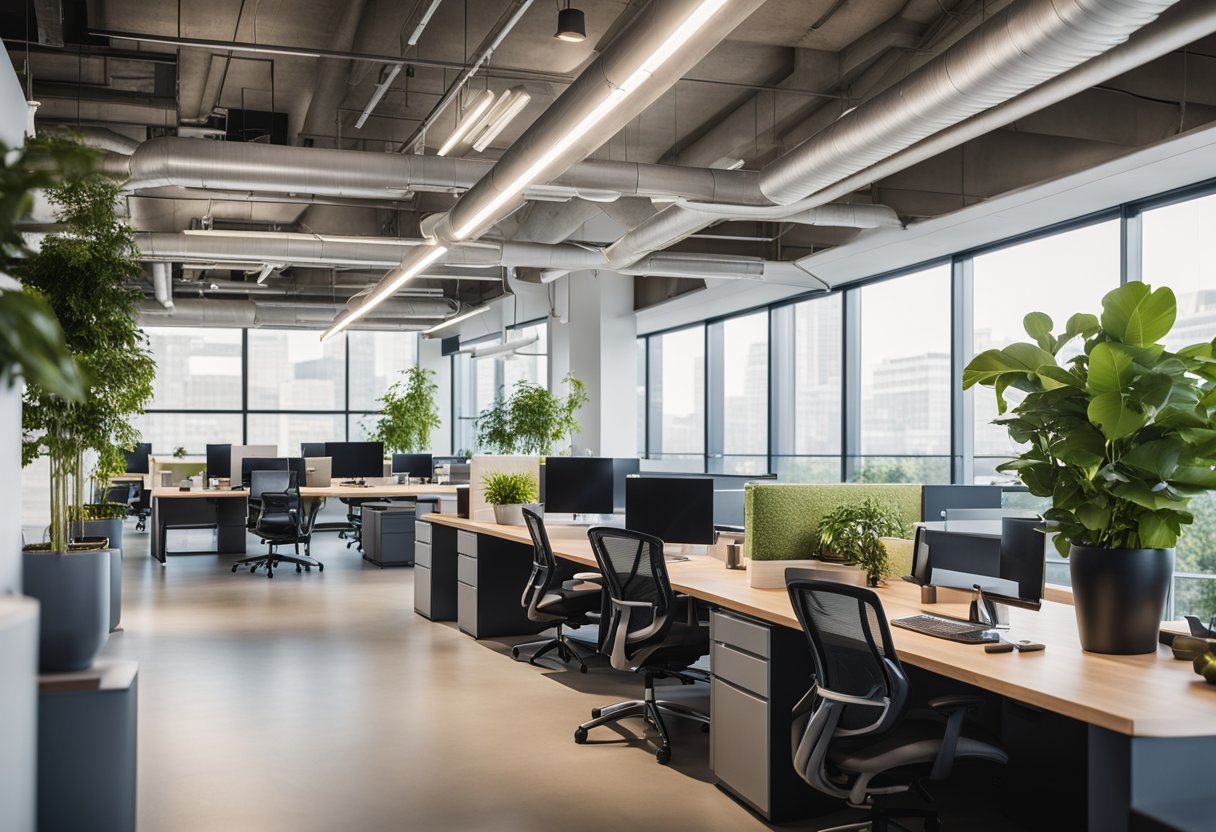 A modern office space with natural light, greenery, standing desks, and comfortable seating. The design prioritizes employee wellness and sustainability