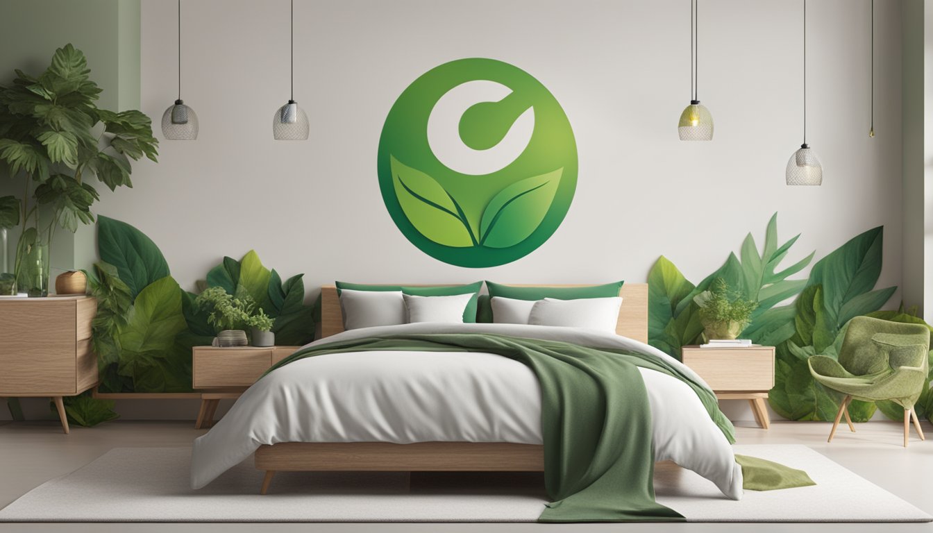 Eco-friendly bedding brands logo on a bed with green leaves and recycled materials in the background