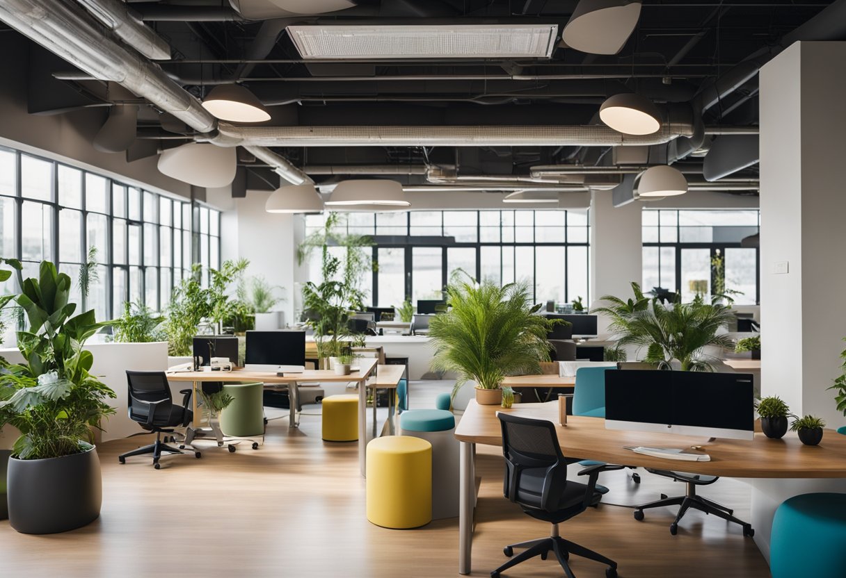 An open-concept office with modern furniture, vibrant colors, and collaborative workspaces. Plants and natural light add a refreshing touch to the space