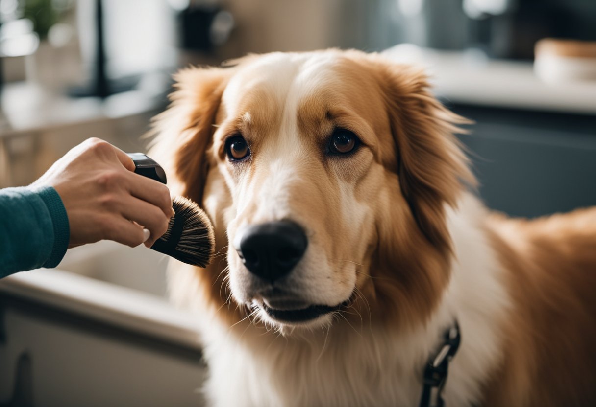 A senior dog being gently groomed with a soft brush, receiving extra care and attention to their sensitive skin and joints