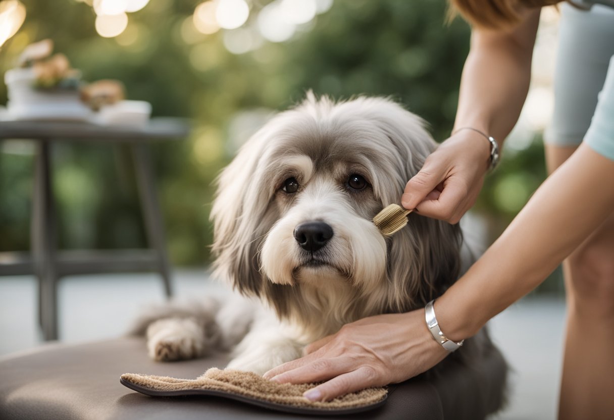 A senior dog being gently brushed and trimmed, with a soft, non-slip surface beneath them. Gentle, slow movements to accommodate any stiffness or discomfort