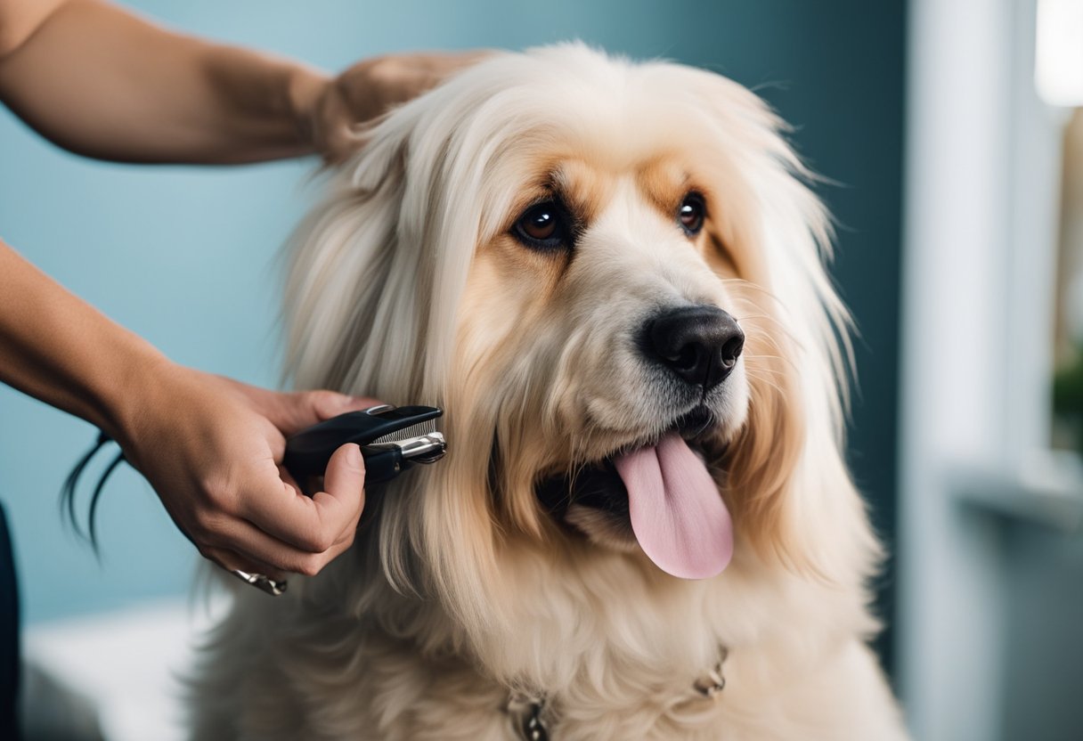 A senior dog being groomed with a brush, nail clippers, and gentle touch. A comfortable and calm environment with non-slip surfaces and proper lighting