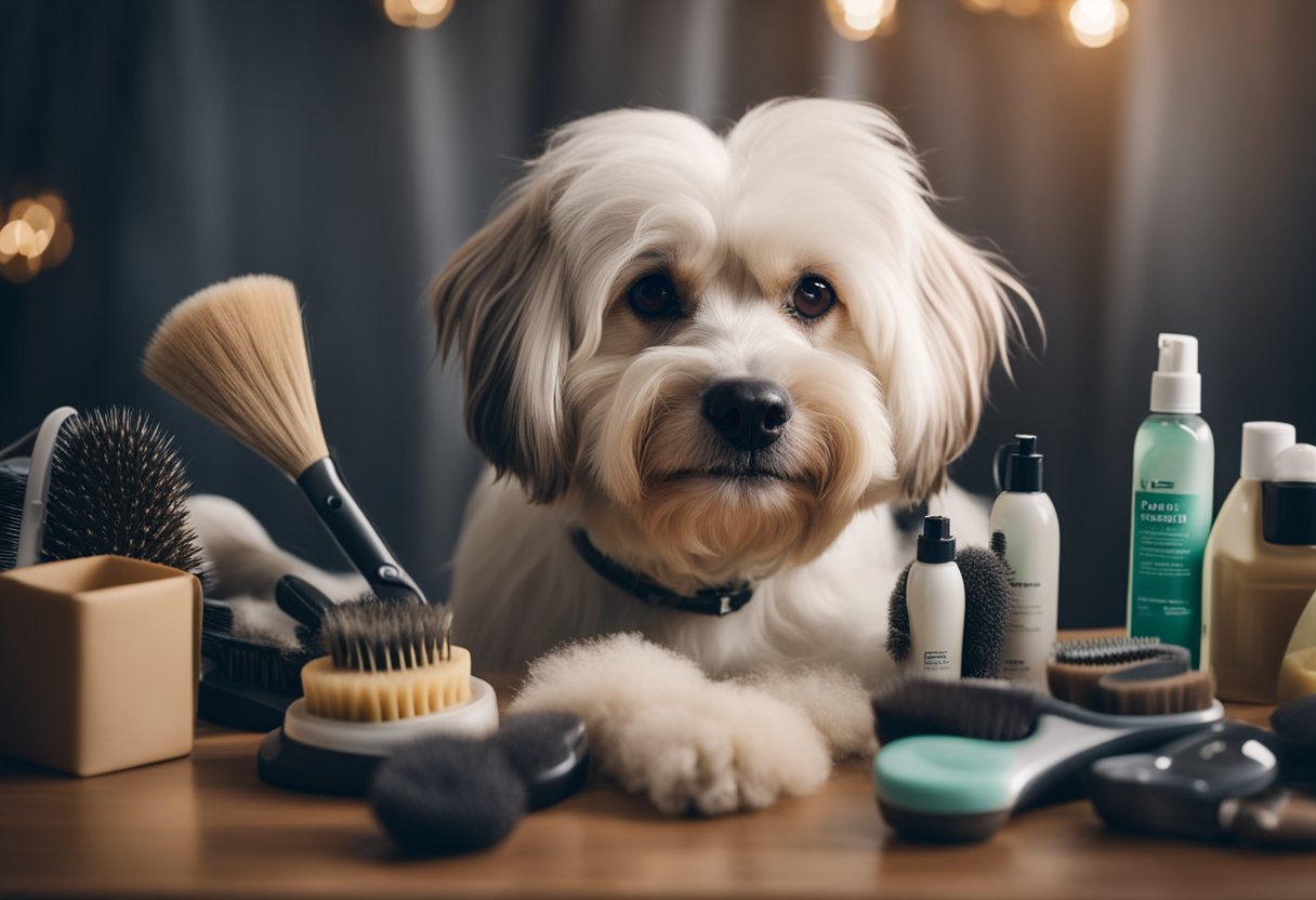 A senior dog being gently brushed and groomed with care and patience, surrounded by calming and safe grooming tools and products