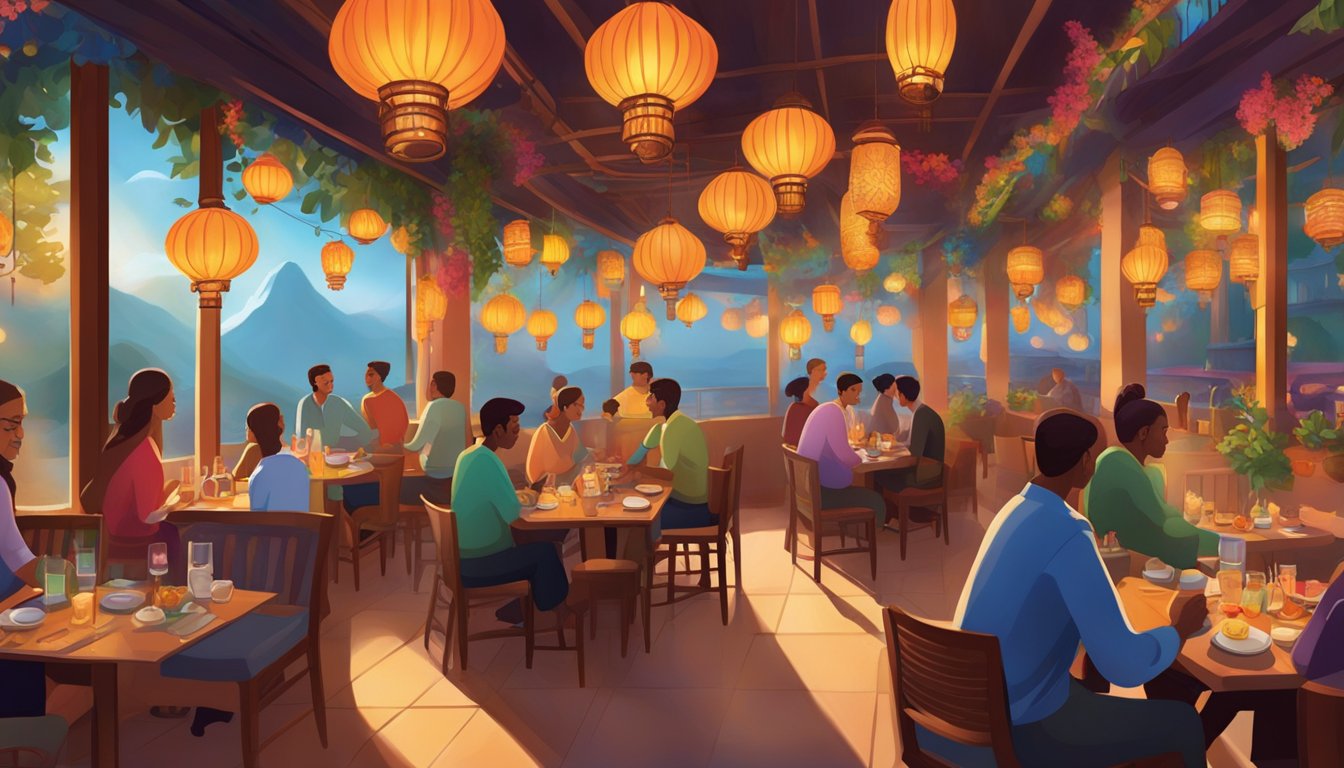 A bustling chakra restaurant with vibrant decor, glowing lanterns, and aromatic spices filling the air. Patrons enjoy exotic cuisine and lively conversation