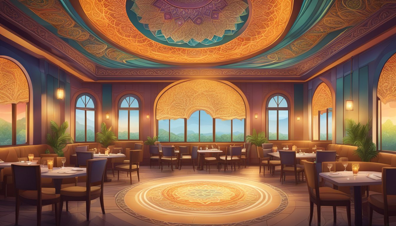 A colorful, serene restaurant with intricate mandala designs on the walls and ceiling. A warm glow emanates from the center, creating a tranquil atmosphere
