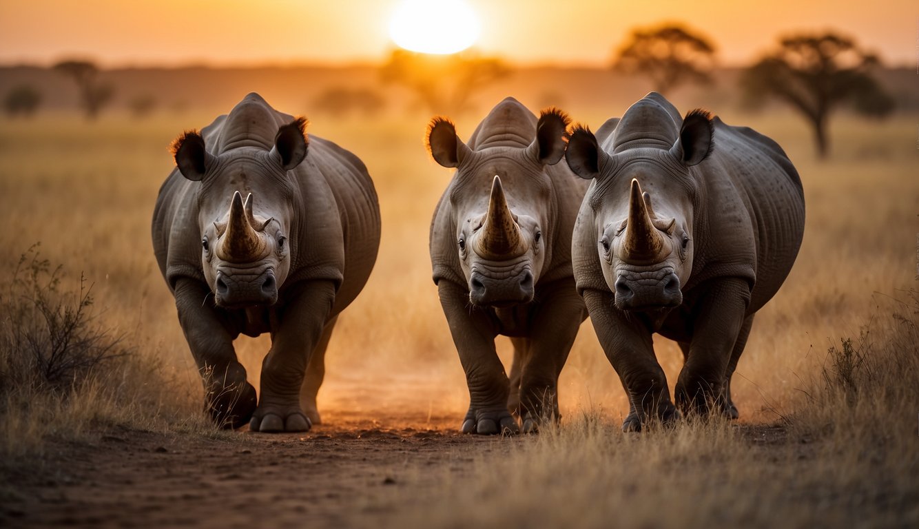 A herd of rhinos roam across a vast savanna, with one majestic creature leading the way.

The sun sets behind them, casting a warm glow over the land