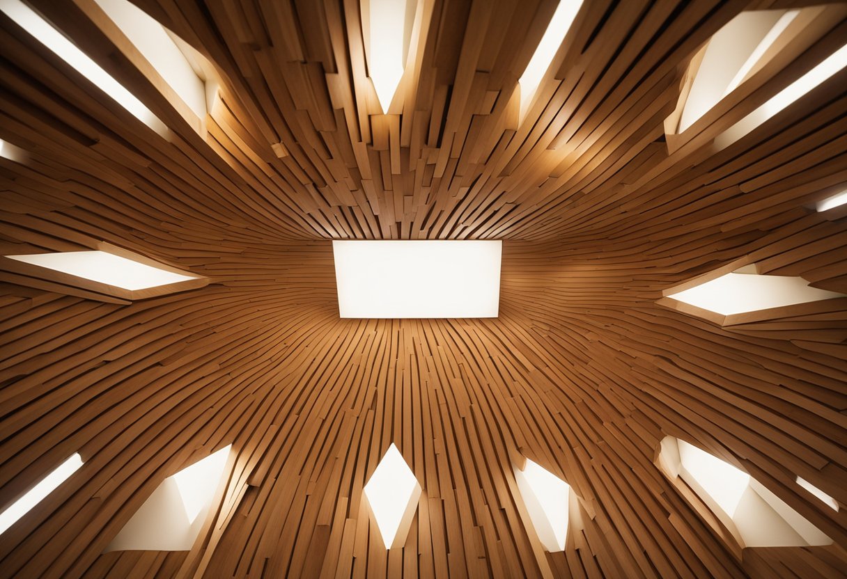 A wooden ceiling with geometric patterns and recessed lighting in an office setting