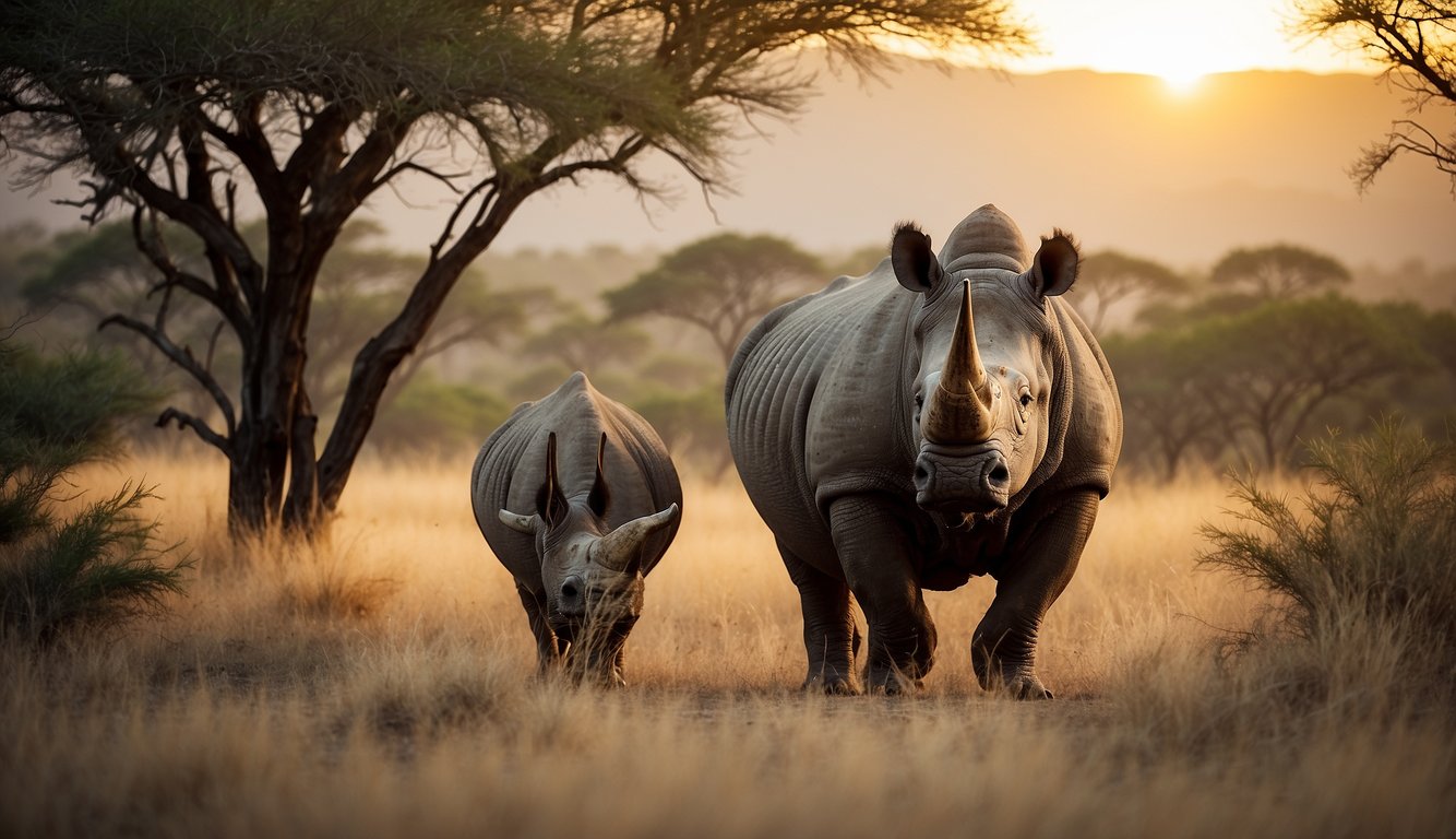 A rhinoceros stands in a grassy savanna, surrounded by acacia trees and distant mountains.

The sun sets, casting a warm glow over the landscape
