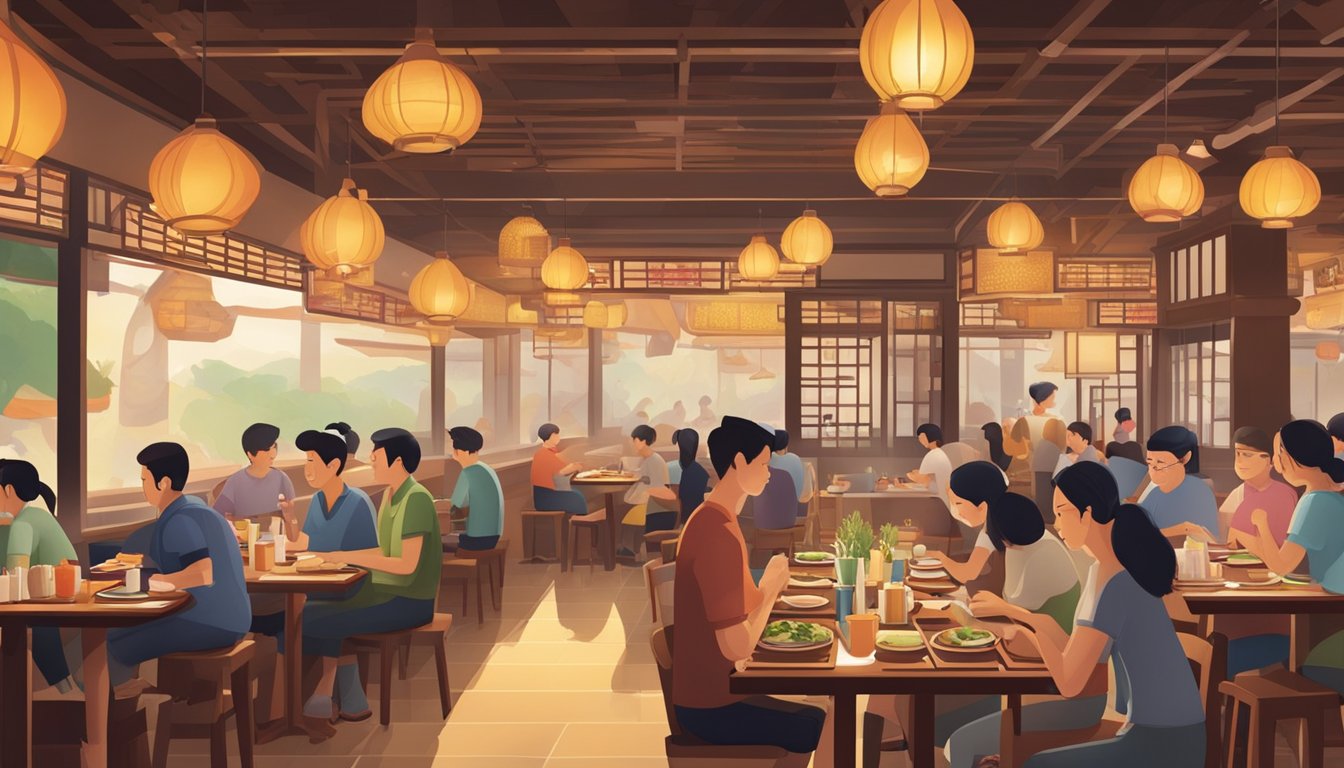 A bustling chicken rice restaurant with steaming pots, sizzling grills, and a warm, inviting atmosphere. Tables are filled with satisfied customers enjoying their flavorful meals