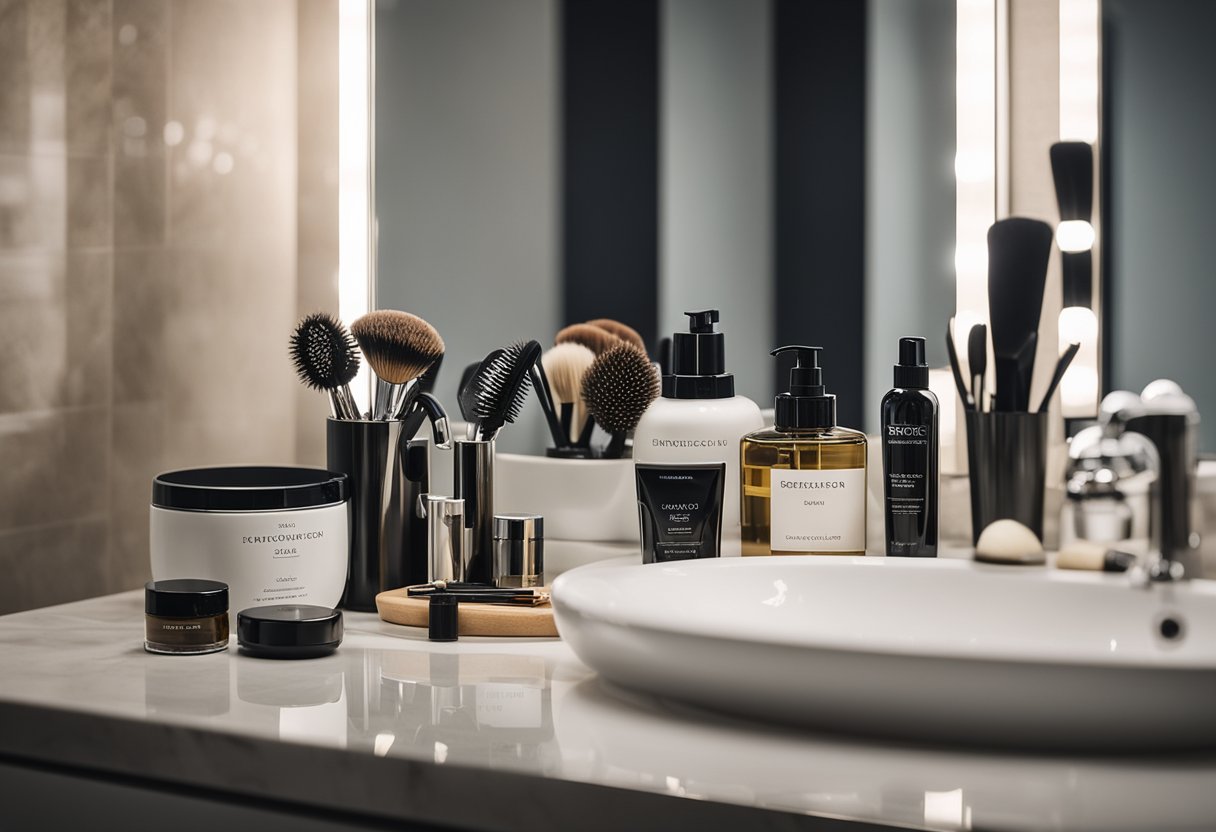 A clean, well-organized bathroom counter with neatly arranged grooming tools and products. Mirror reflects a polished, professional appearance