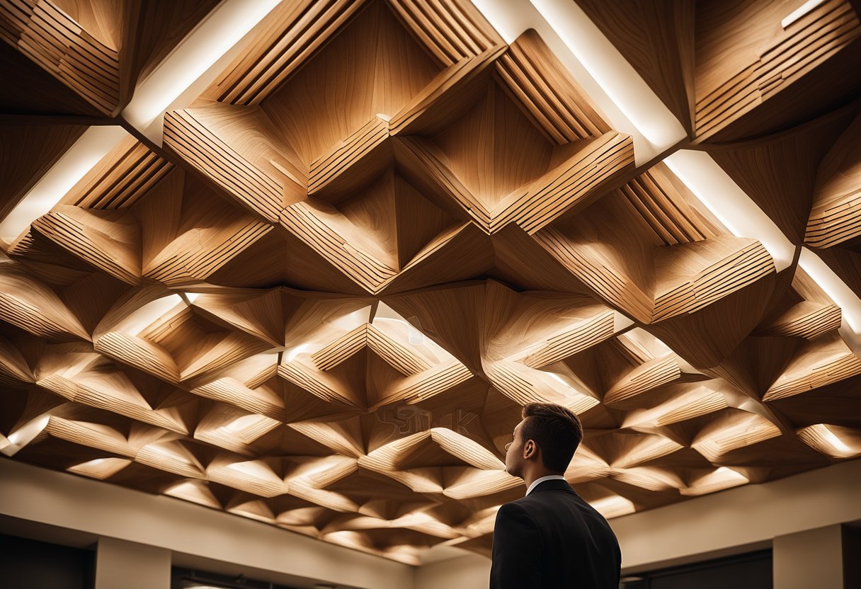 A person is exploring various wooden ceiling designs for an office, examining different patterns, textures, and finishes