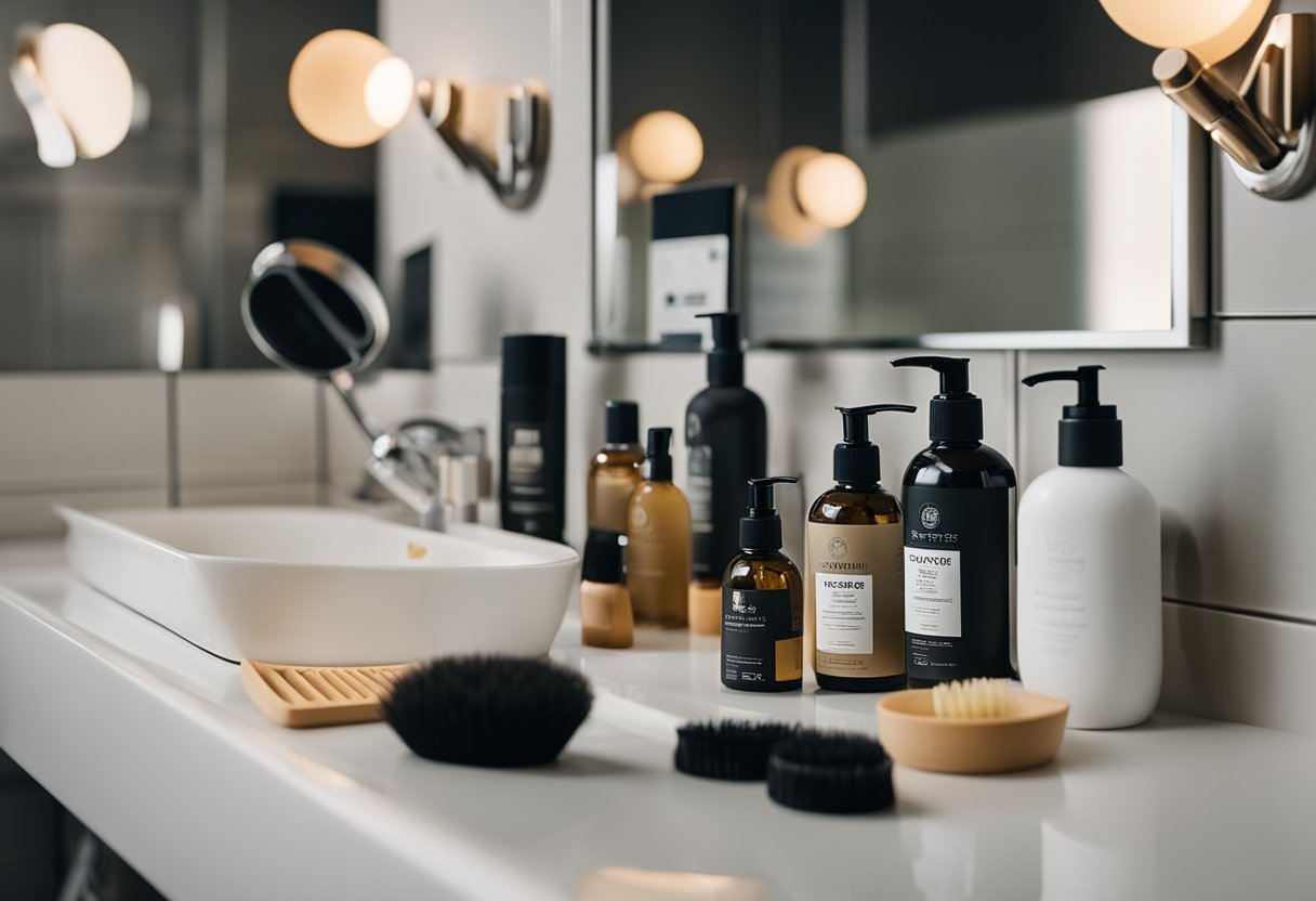 A cluttered bathroom with a messy sink on one side and neatly organized grooming products on the other