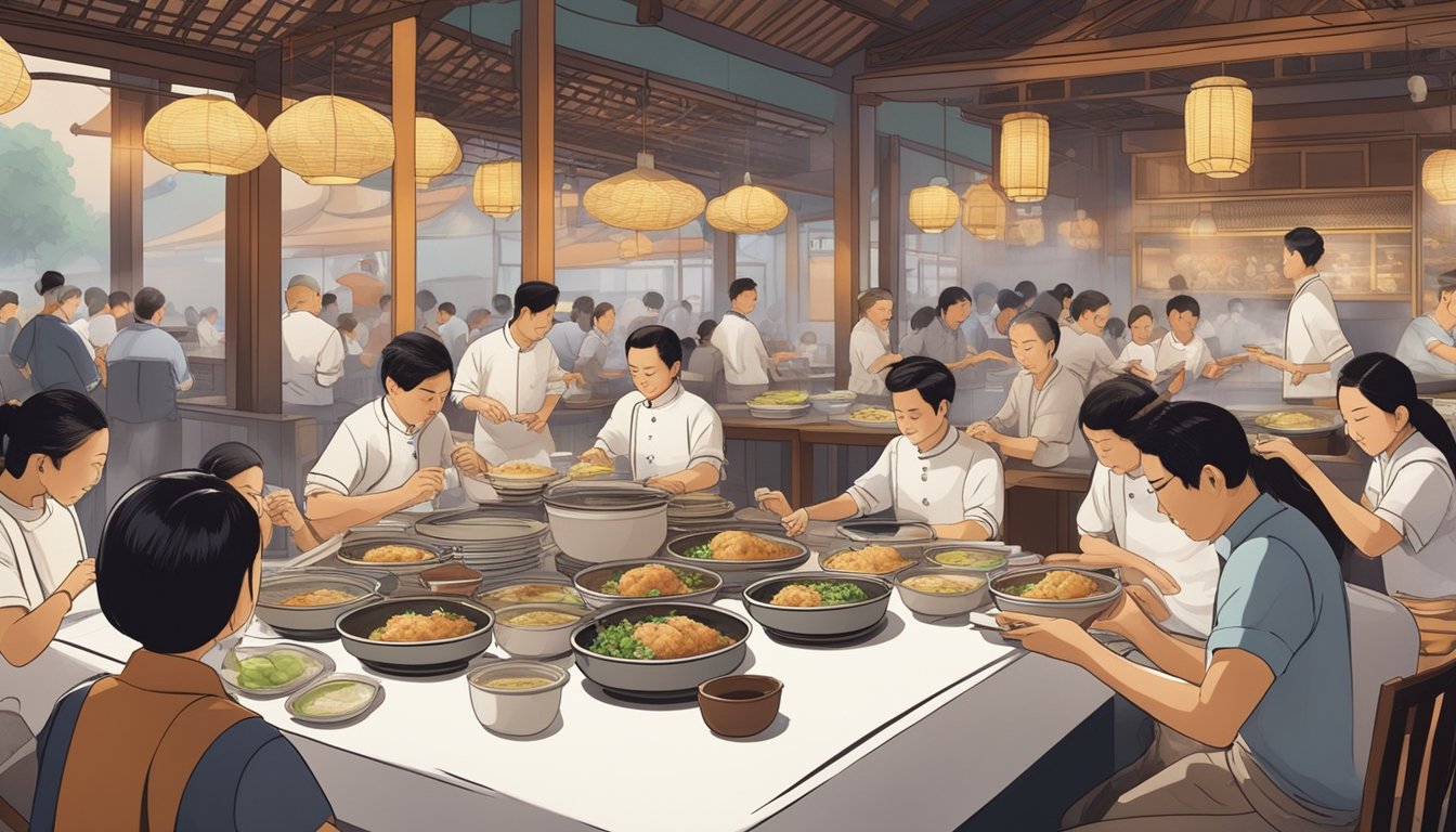 Customers savoring fragrant chicken rice at a bustling Singapore restaurant. Aromatic steam rises from the plates, while chefs expertly prepare the renowned dish