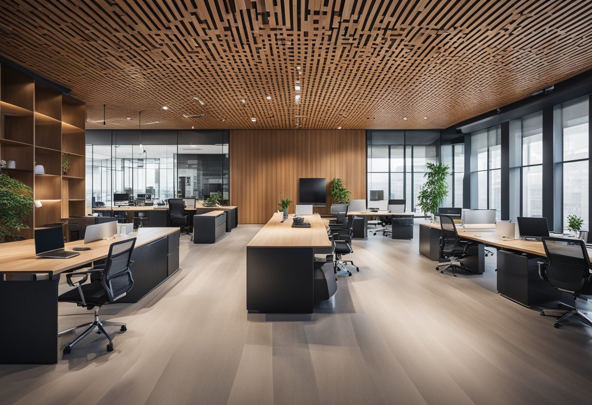 A spacious office with a sleek wooden ceiling design, featuring clean lines and geometric patterns, creating a modern and professional atmosphere