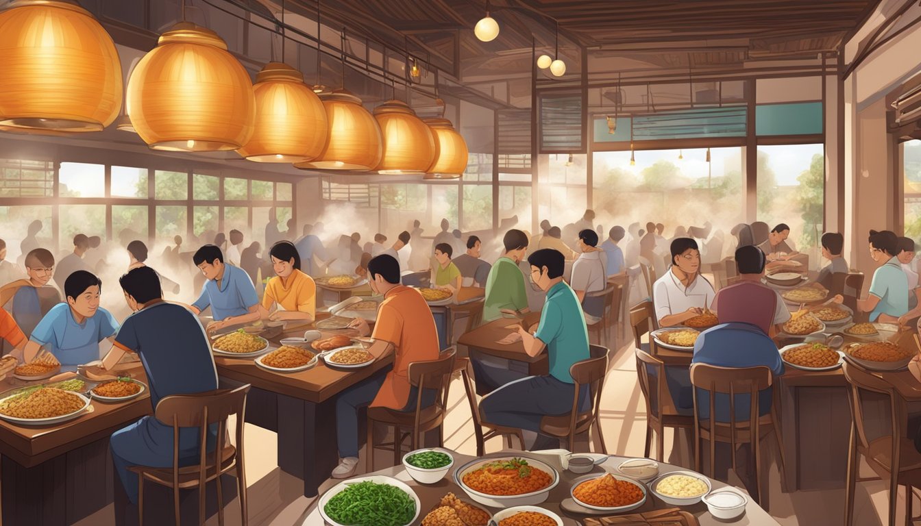 A bustling restaurant with steaming pots of fragrant rice and sizzling chicken, surrounded by hungry diners and the tantalizing aroma of spices