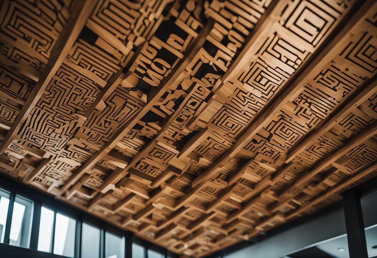 A wooden ceiling with geometric patterns and text "Frequently Asked Questions" for an office