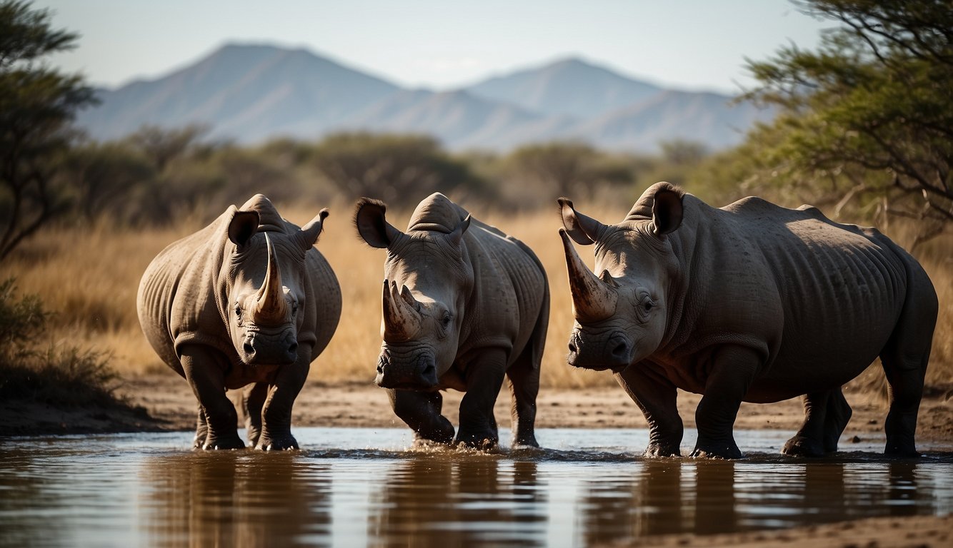 A group of rhinos gather around a watering hole, their powerful bodies and distinctive horns creating a striking silhouette against the horizon