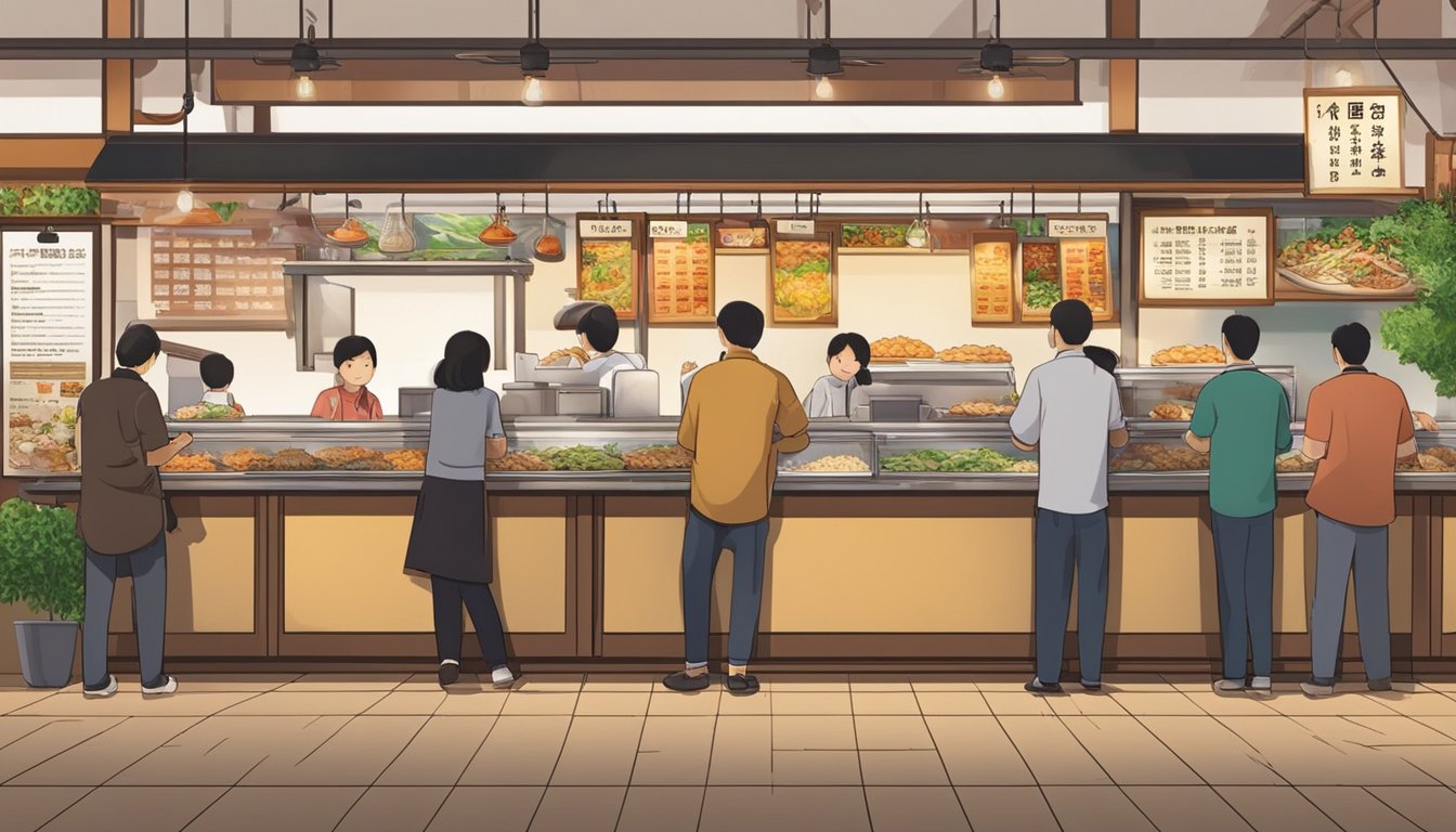 Customers line up at the counter, while the aroma of steaming rice and sizzling chicken fills the air. The menu board displays various meal options, and the staff can be seen bustling behind the scenes