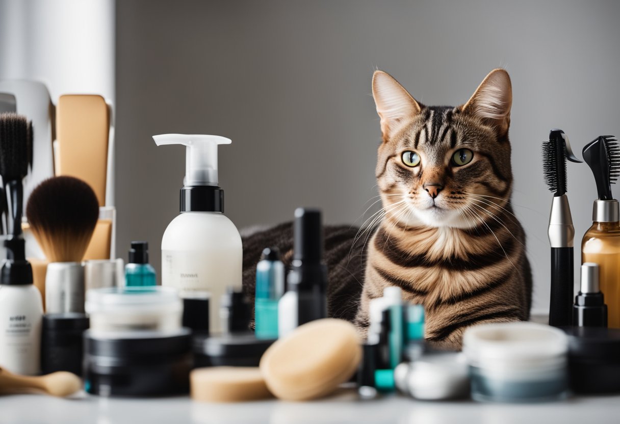 A cat peacefully grooming itself, surrounded by various grooming tools and products, with a thought bubble showing common grooming myths