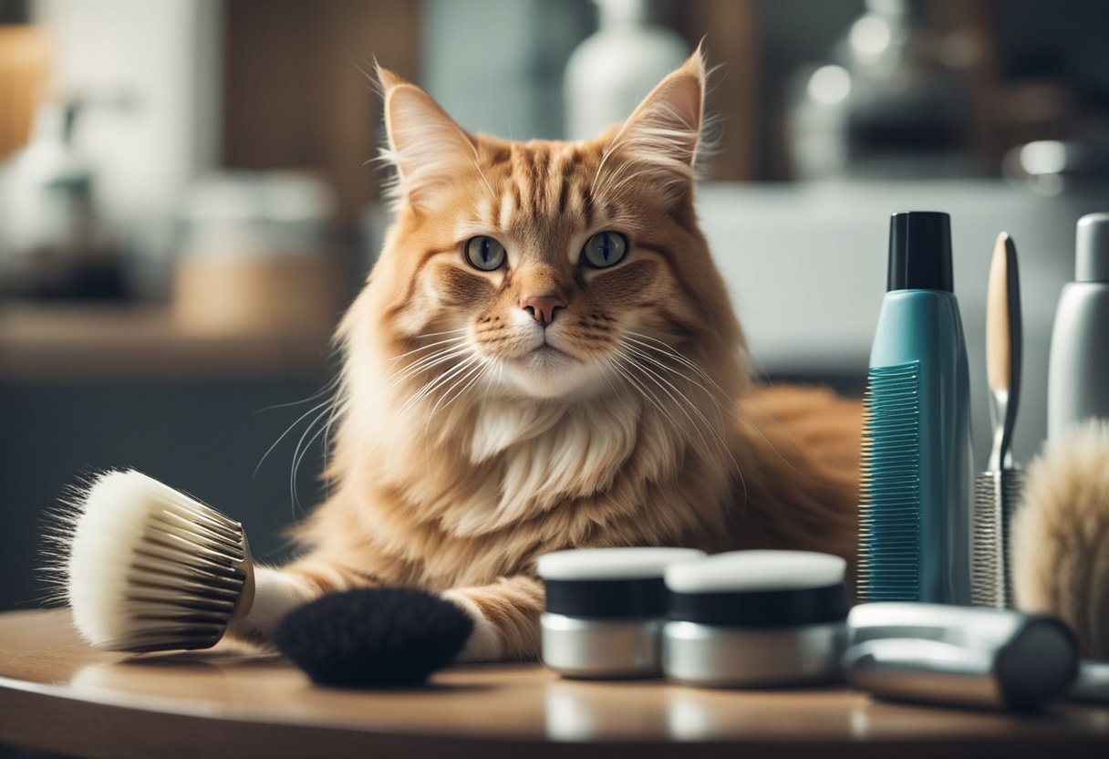 A relaxed, clean cat sitting on a grooming table, with brushes, combs, and grooming products neatly arranged nearby. The cat's fur is smooth and shiny, indicating proper grooming