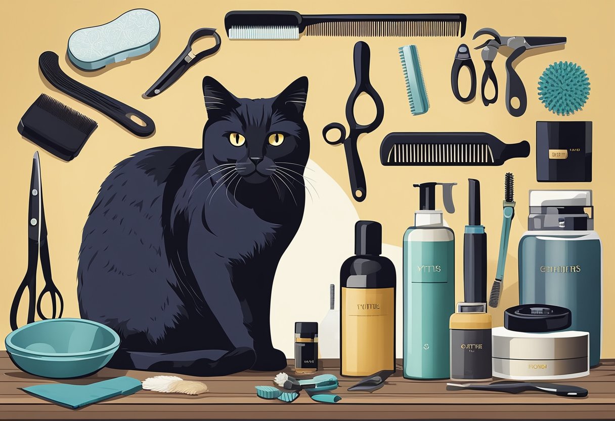 A cat sitting on a grooming table, surrounded by various grooming tools and products. A thought bubble with myths about cat grooming above the cat's head