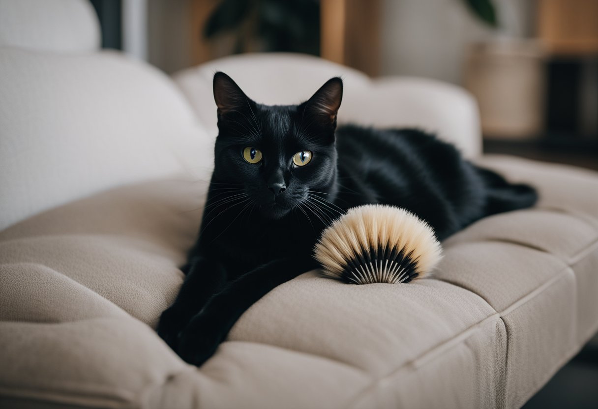 A sleek black cat reclines on a plush cushion, enjoying a gentle brushing from a pair of soft bristle brushes. The cat's content expression and shiny fur dispel any myths about cats not needing grooming