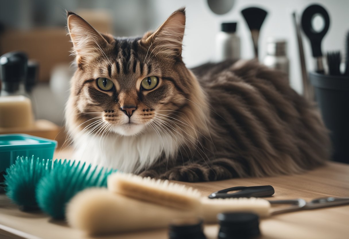 A cat being groomed by a professional with various grooming tools and products on a table. The cat looks relaxed and content during the grooming process
