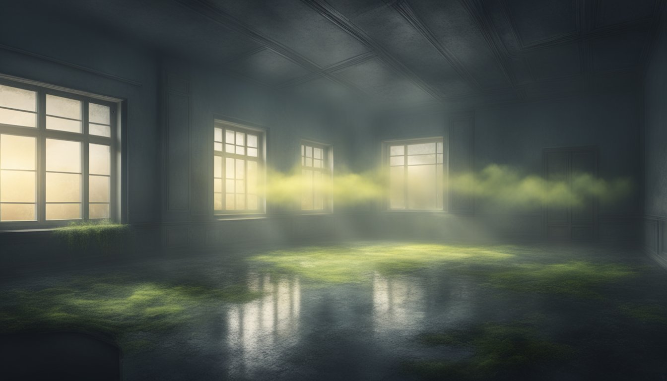 A dark, damp environment with visible mold growth on walls and ceilings. Dust particles and spores float in the air, creating a hazy, unhealthy atmosphere