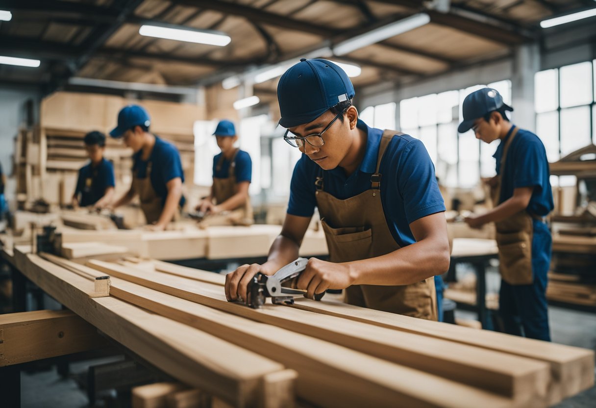 A carpentry class in Singapore, with students working on wooden projects using various tools and equipment