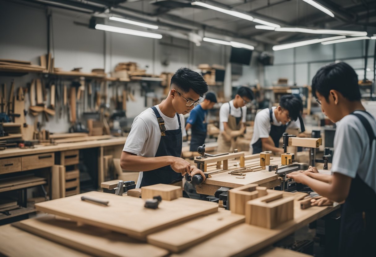 A carpentry workshop in Singapore, filled with various tools, wood materials, and workbenches, with students learning and practicing their skills