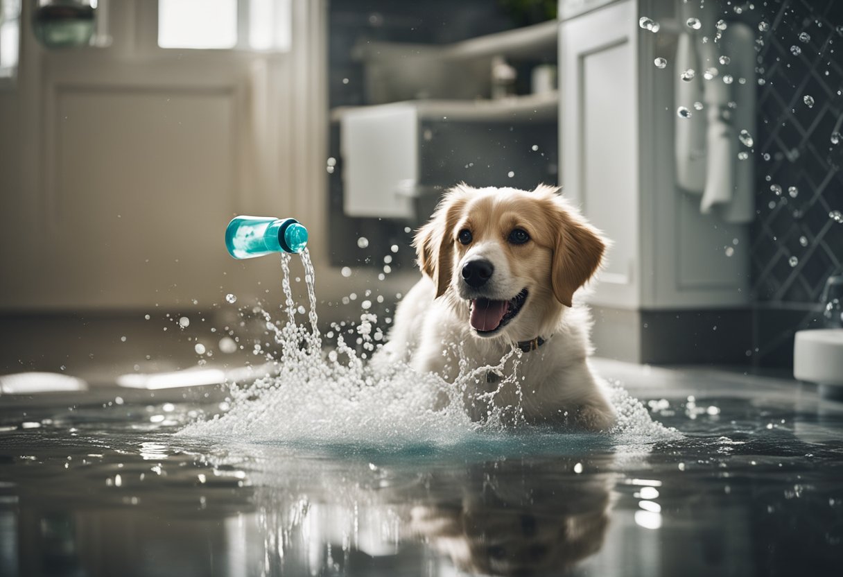 A dog knocking over shampoo bottles, splashing water everywhere, and slipping on a wet floor, causing chaos during bath time