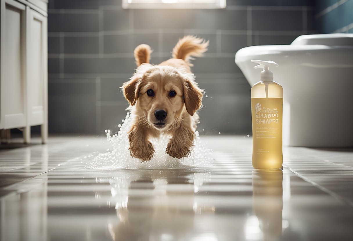 A dog shaking off water in a bathroom, with a knocked-over shampoo bottle and wet paw prints on the floor