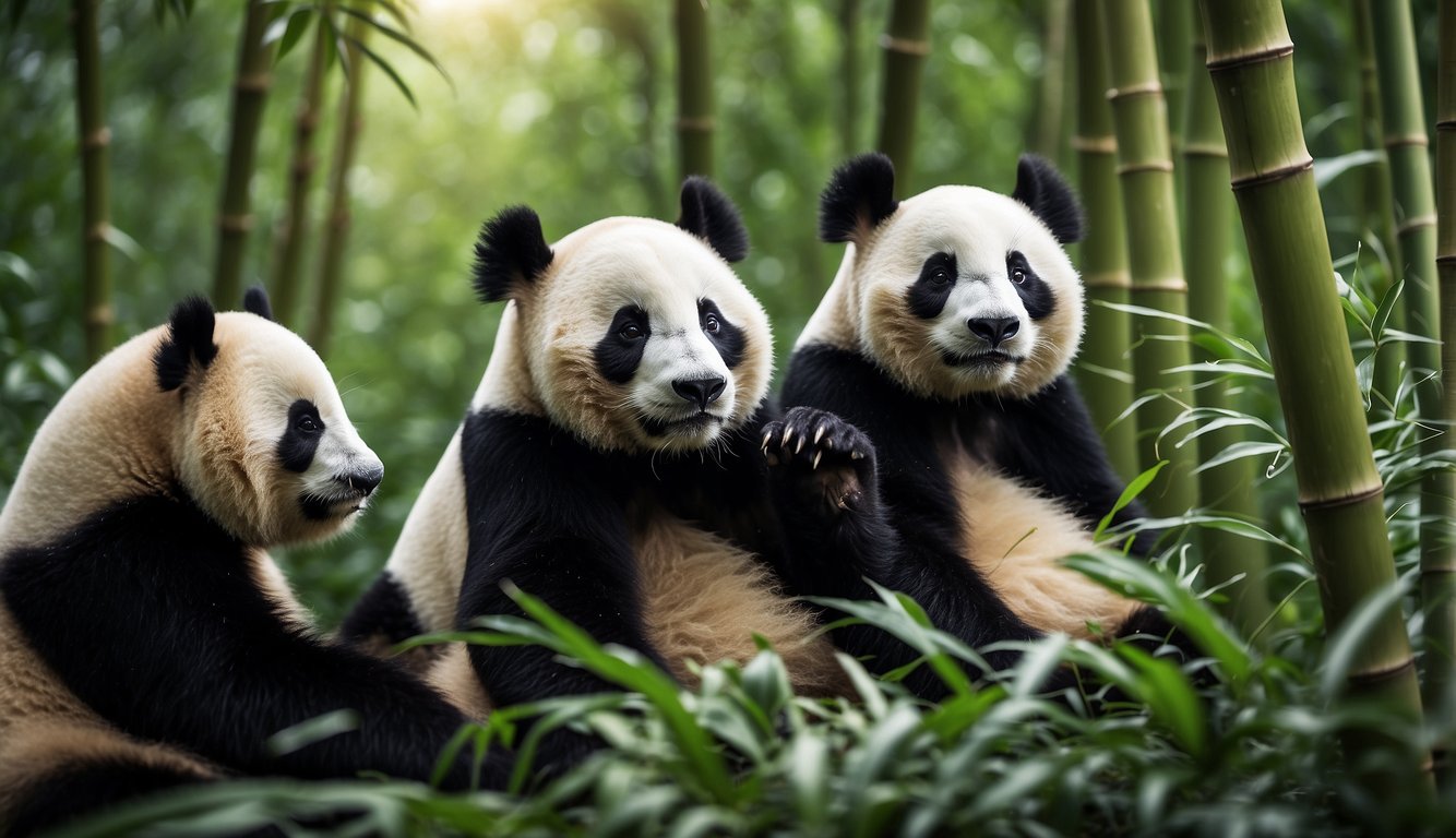 Pandas roam freely in a lush bamboo forest, while conservationists monitor and protect their habitat