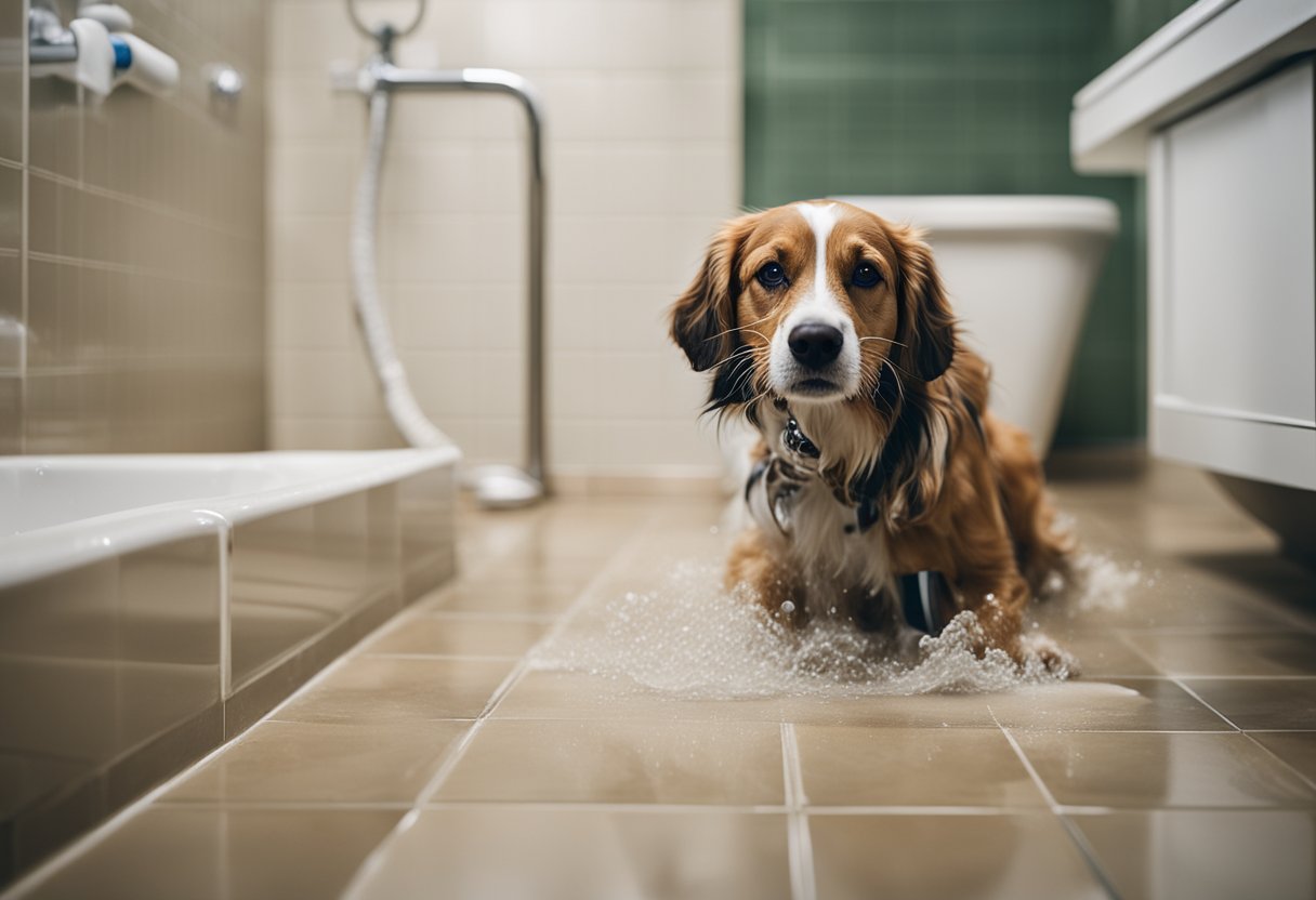 A dog shaking off water in a bathroom, with a toppled shampoo bottle and a wet, tangled towel on the floor
