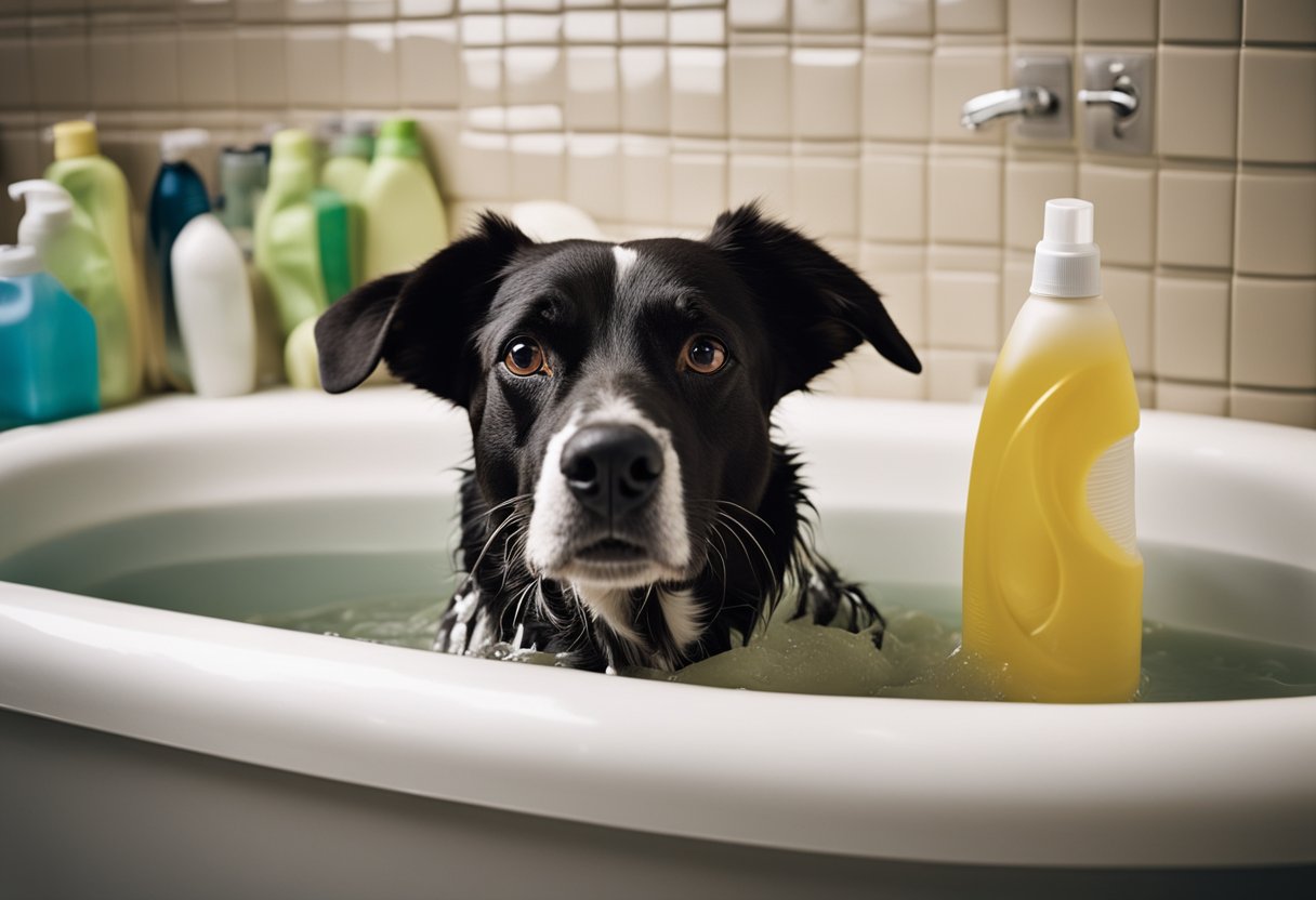 A dog cowers in a bathtub filled with murky water, surrounded by empty shampoo bottles and tangled leashes. The room is cluttered with scattered towels and a broken hairdryer