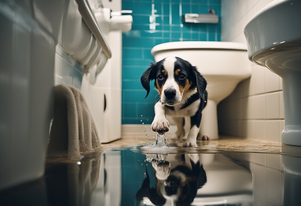 A dog cowers in a flooded bathroom as a broken faucet sprays water everywhere, while a shampoo bottle spills suds onto the slippery floor